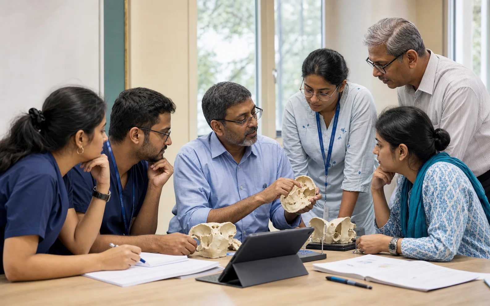 Indian surgeons, trainees, and educators study skull base anatomy together during an academic workshop.