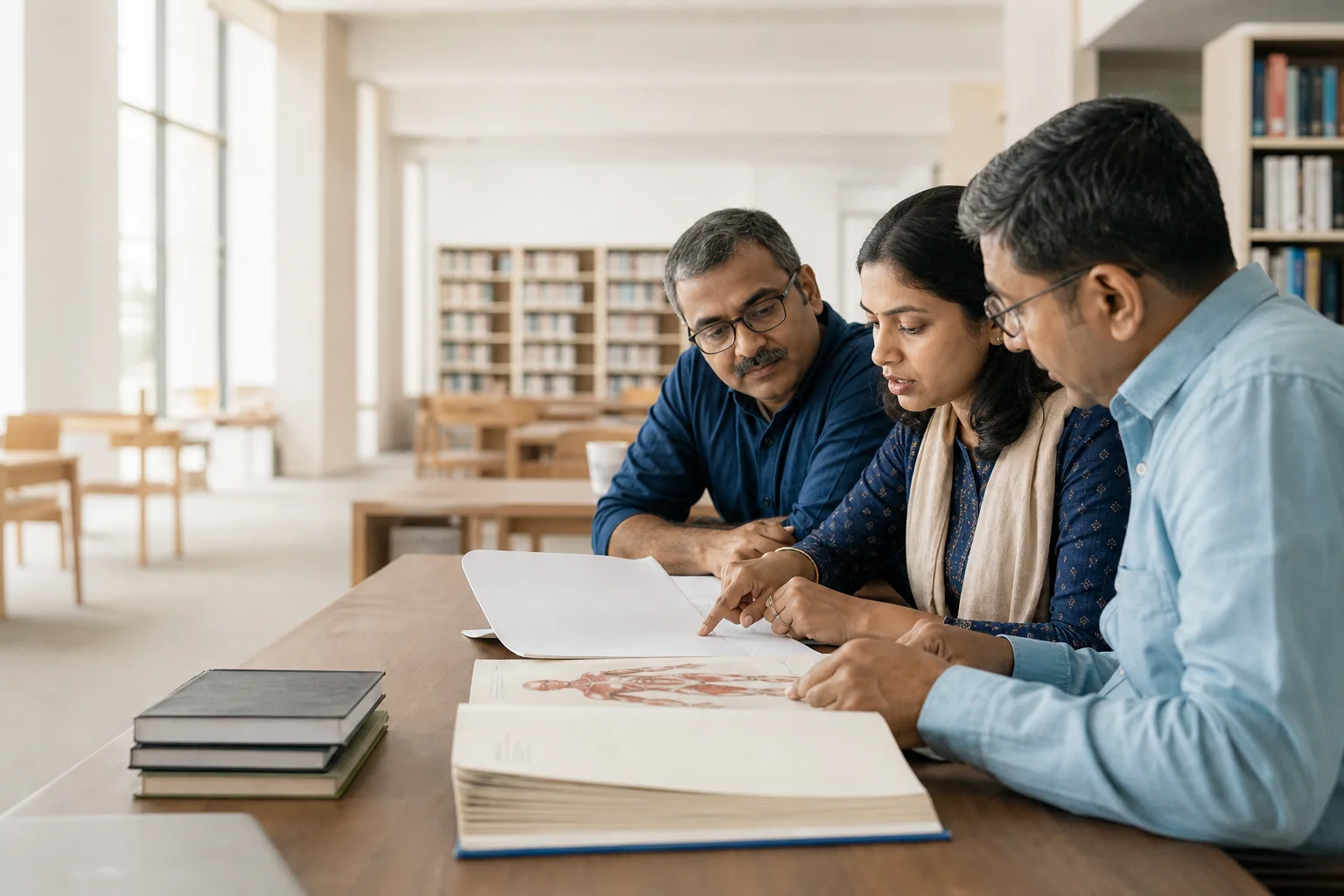 Three Indian academic collaborators review anatomy learning materials together in a library.