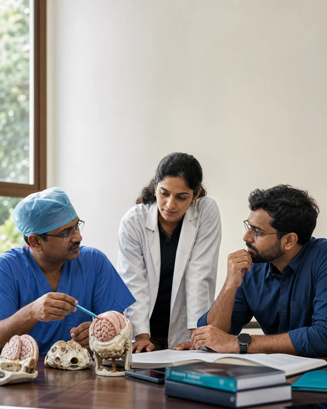 An Indian academic team in conversation around a table.