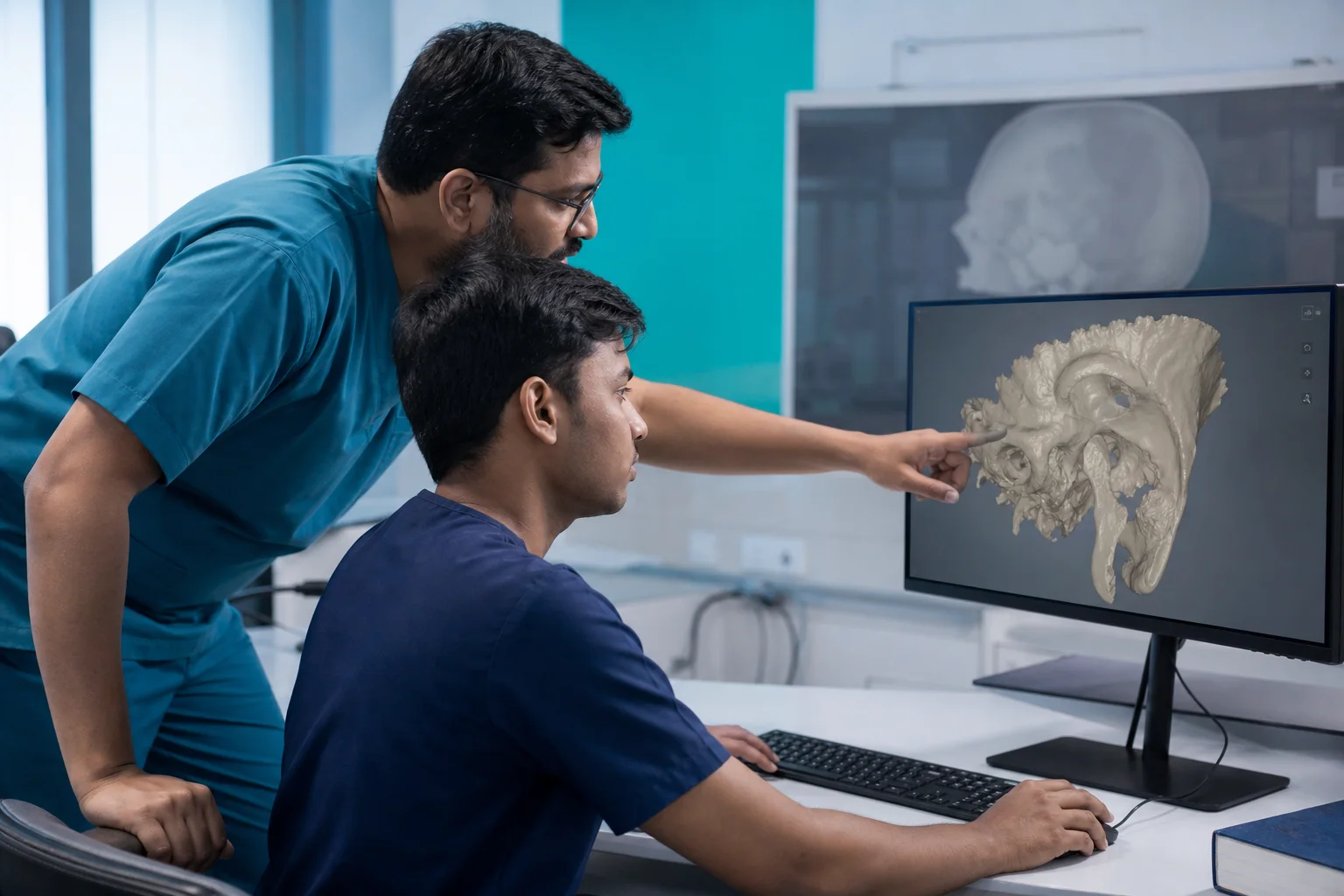 Indian clinicians exploring a digital skull base anatomy model in a teaching setting.
