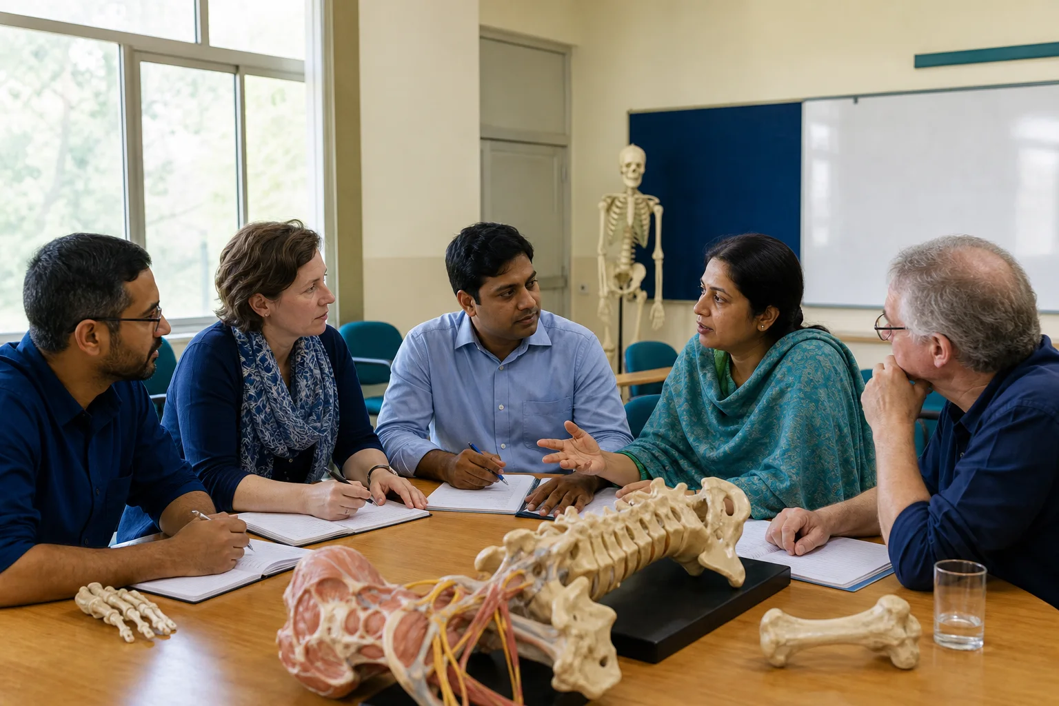 Indian educators and colleagues discussing anatomy around a teaching table.