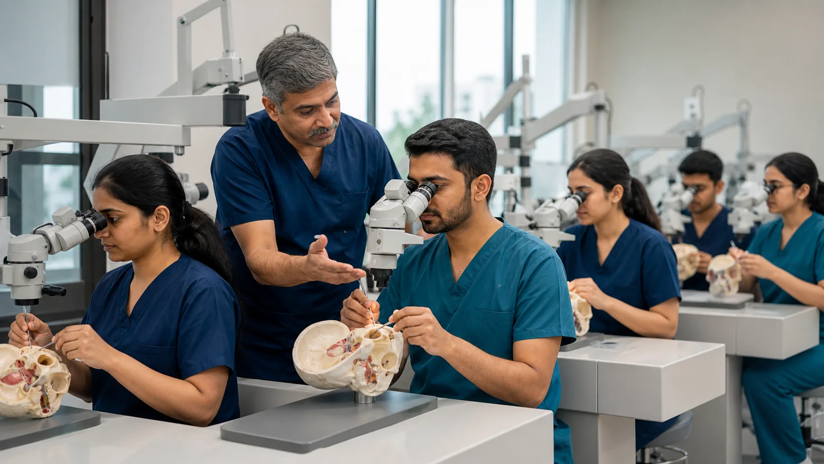 Indian surgeons practising microscope-guided skull base approaches with anatomical models.