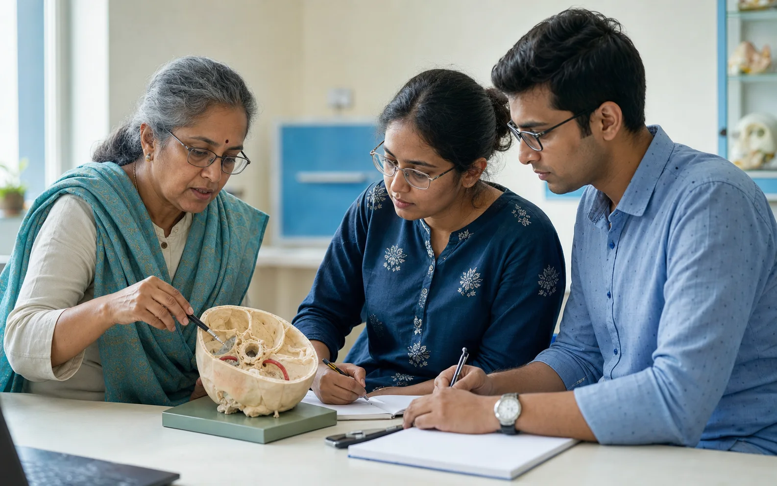 An Indian faculty mentor guiding two trainees through a skull base anatomy model.