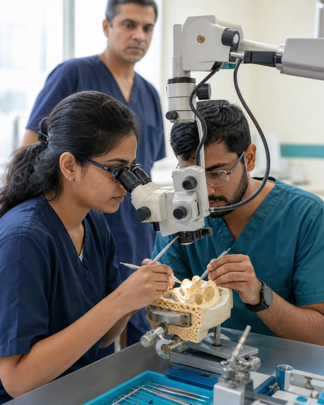 Indian surgical trainees practising temporal bone anatomy at a microscope-guided workbench.
