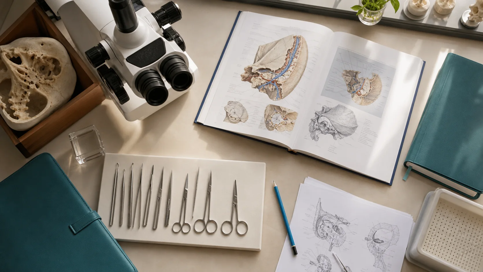 Microscope, skull base study materials and surgical instruments arranged on an academic worktable.