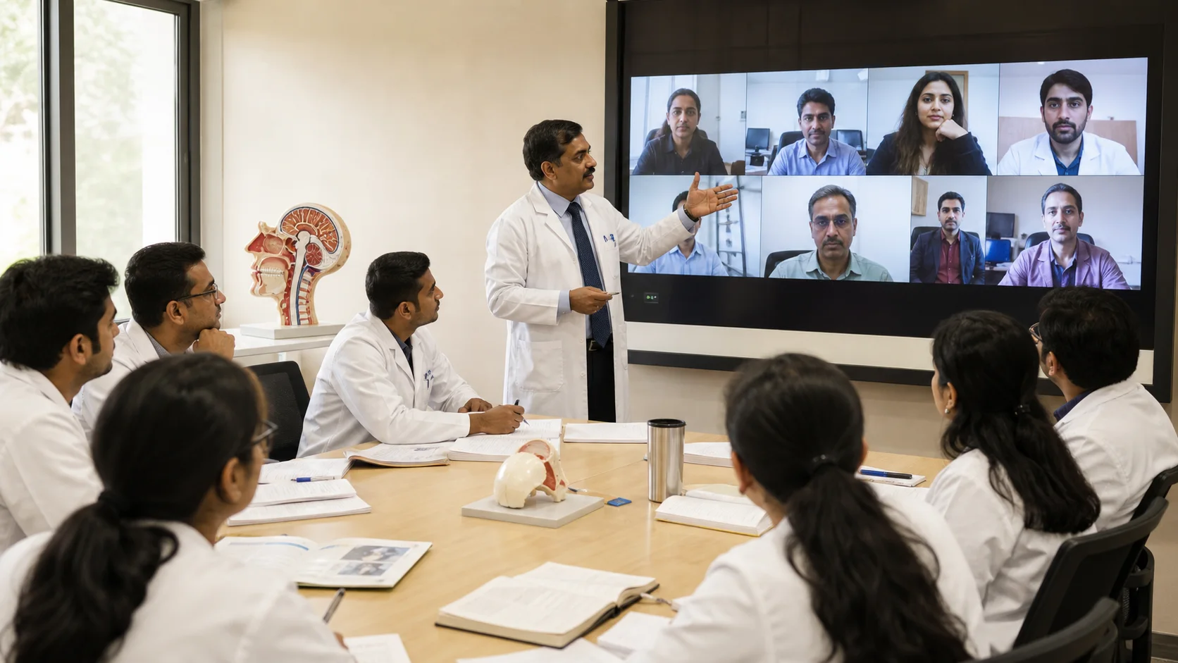 Indian clinicians and educators taking part in a hybrid academic meeting with colleagues joining remotely.
