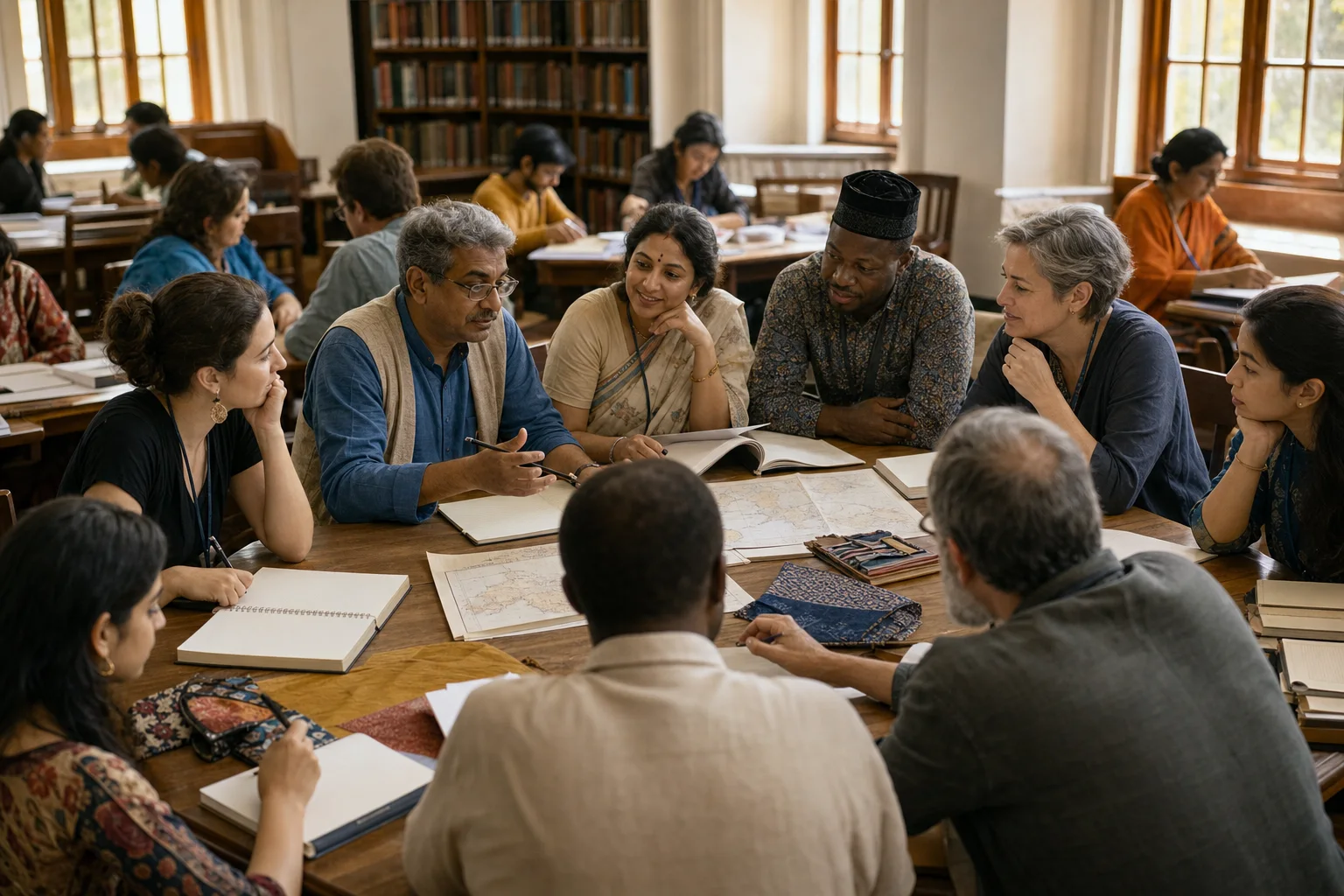 Indian academics hosting an international roundtable conversation.