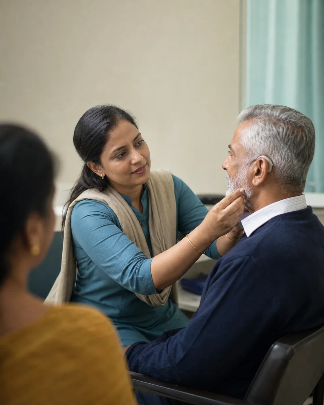 An Indian clinician supporting an older adult during a hearing rehabilitation visit.