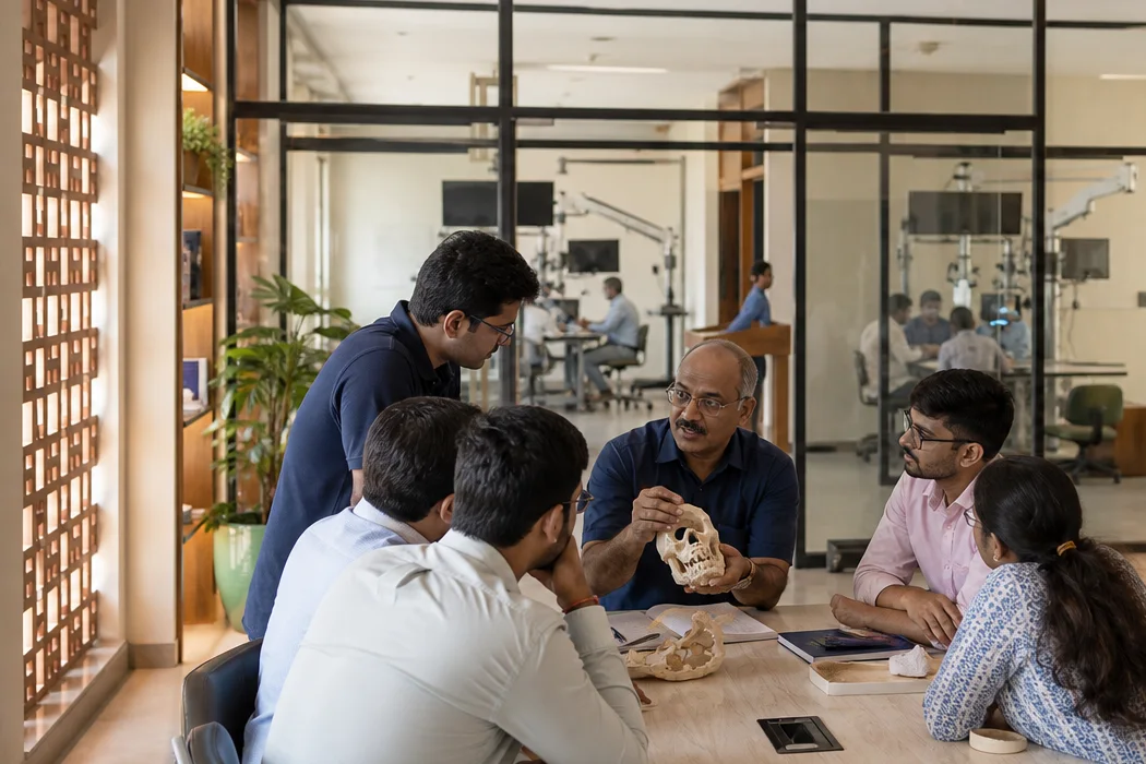 Indian educators and trainees discuss anatomy inside a surgical learning facility.