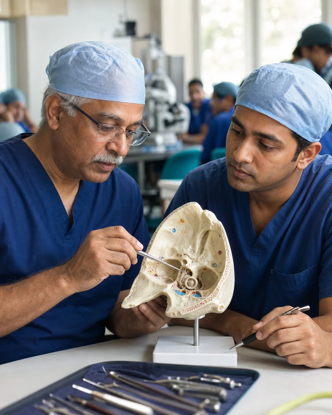 A senior Indian surgeon mentoring a trainee with an anatomical teaching model.