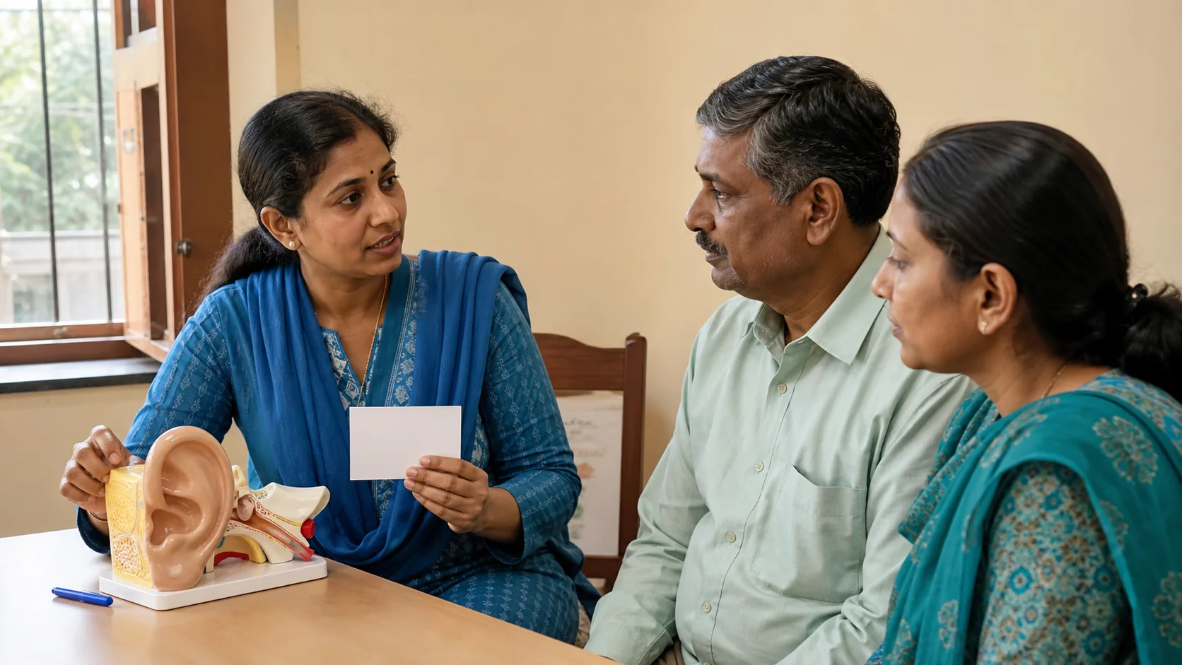 An Indian hearing-care clinician explaining follow-up options to an adult and family member.