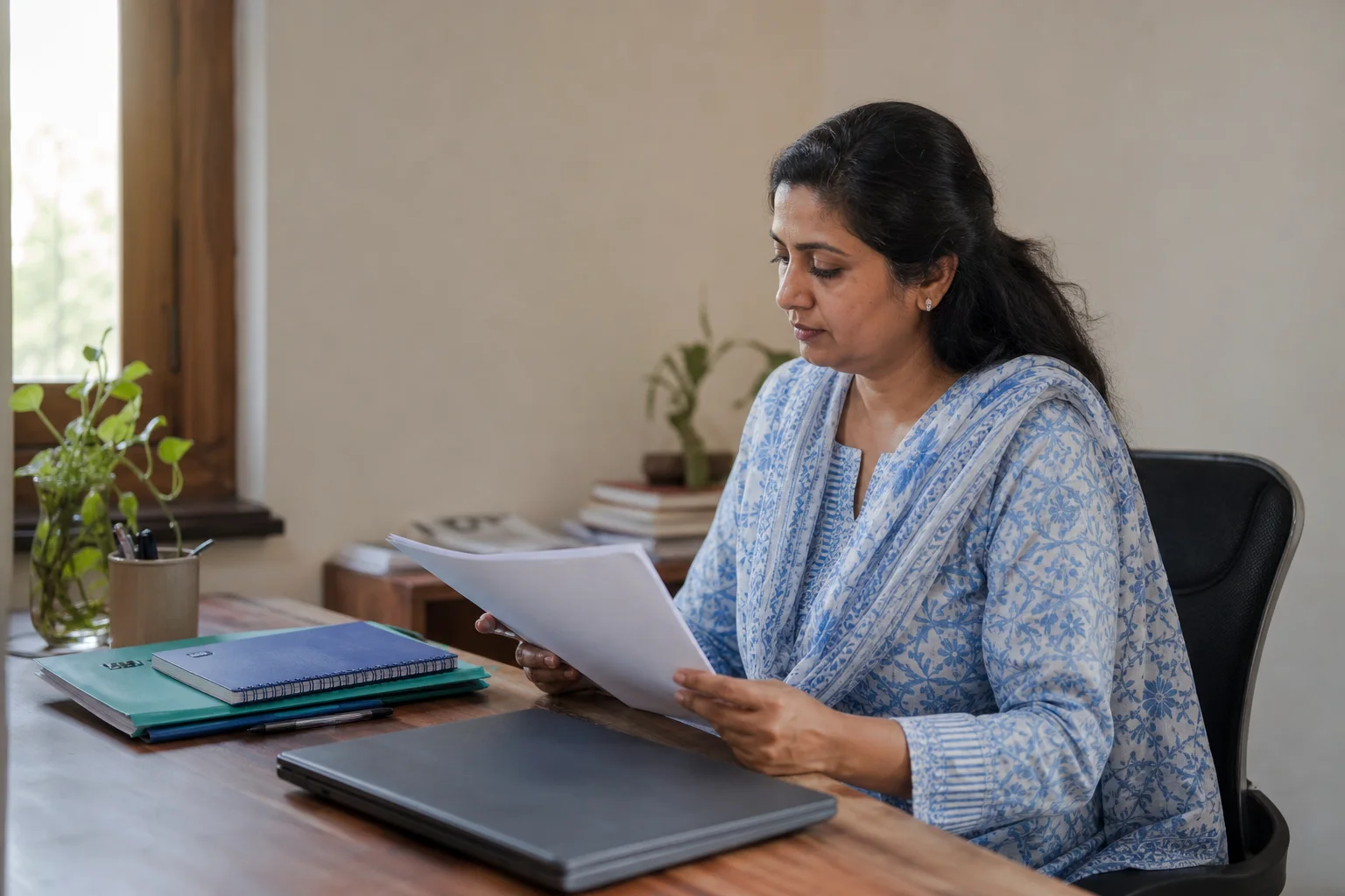 An Indian professional reviewing inquiry-handling guidance at a quiet desk.