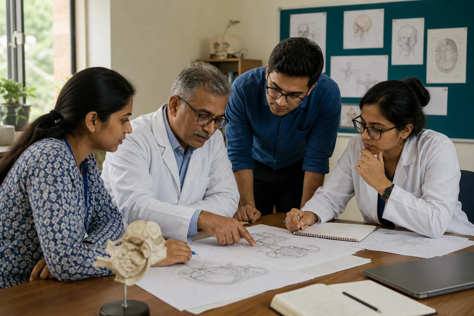 Indian clinicians and researchers reviewing skull base anatomy drawings around a table.