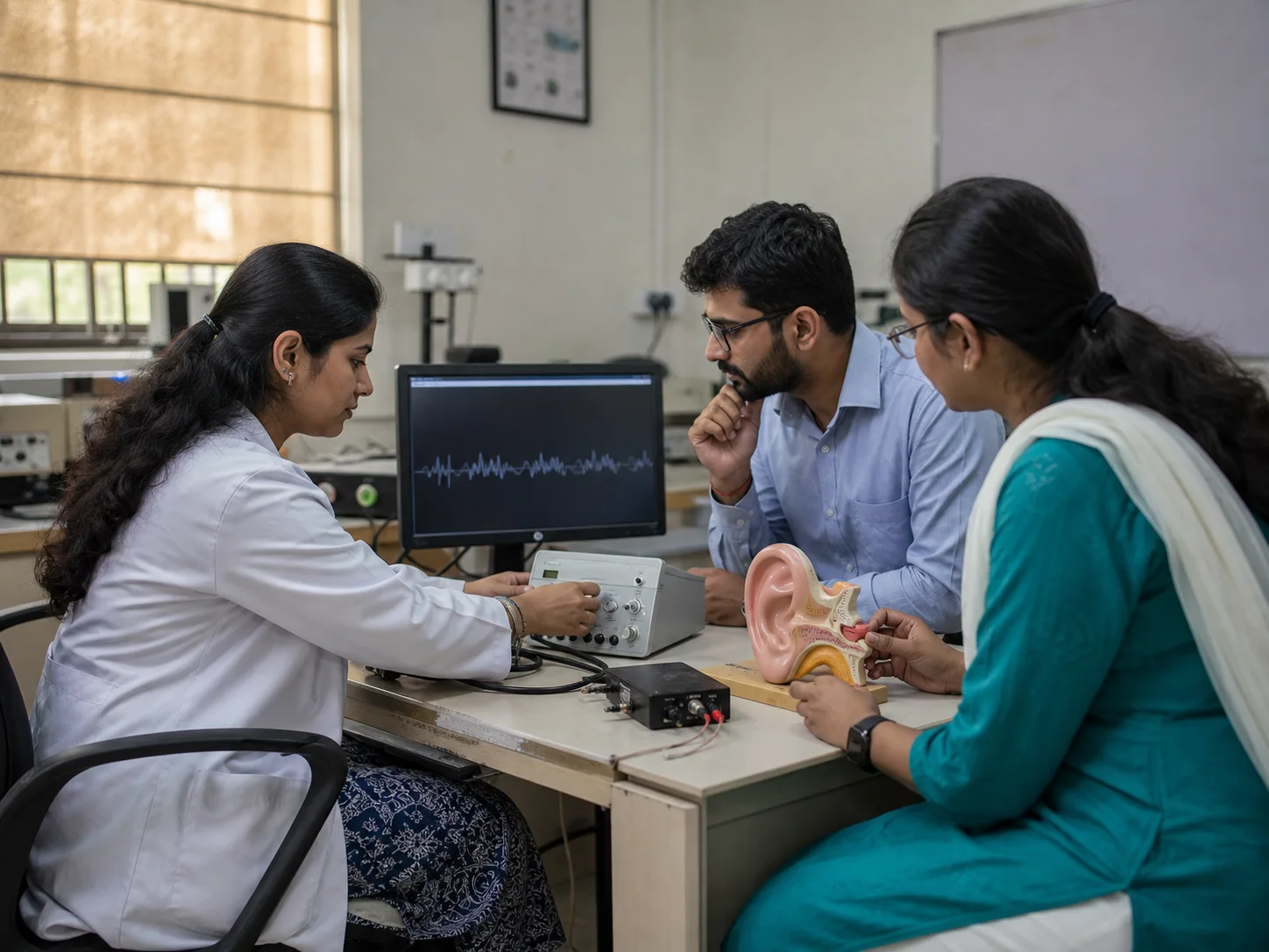 Indian hearing science researchers reviewing auditory equipment and an ear model in a laboratory.