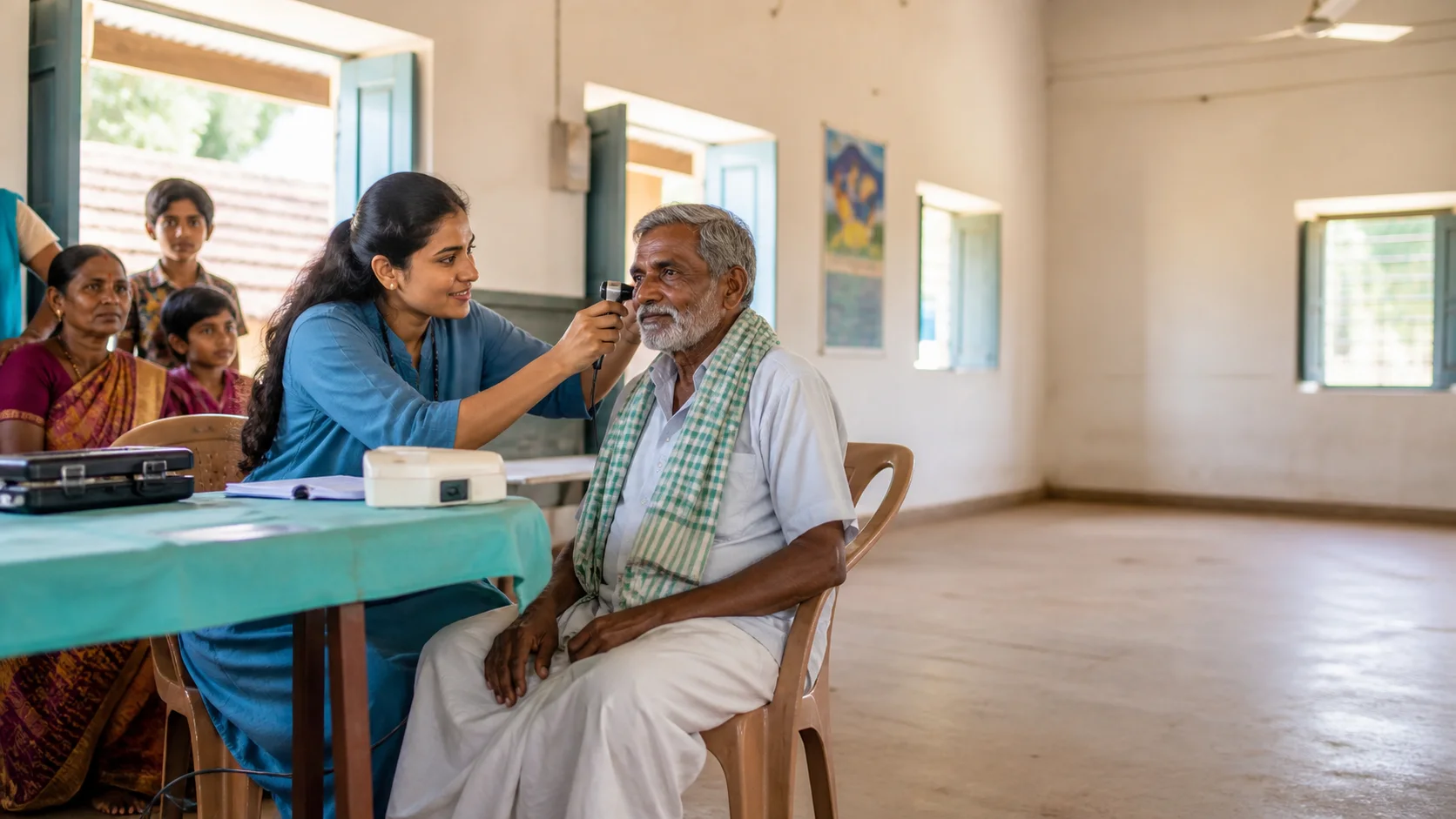An Indian clinician conducting a respectful hearing screening in rural Karnataka.