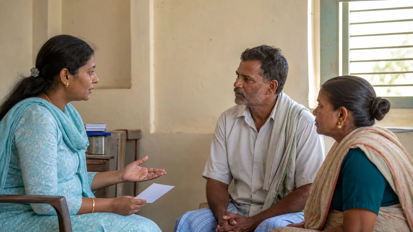 An Indian clinician discussing referral options with an adult and family member at a rural community health centre.