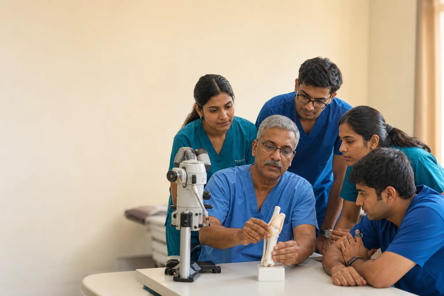 An Indian surgical educator guiding trainees through an anatomical model beside a teaching microscope.