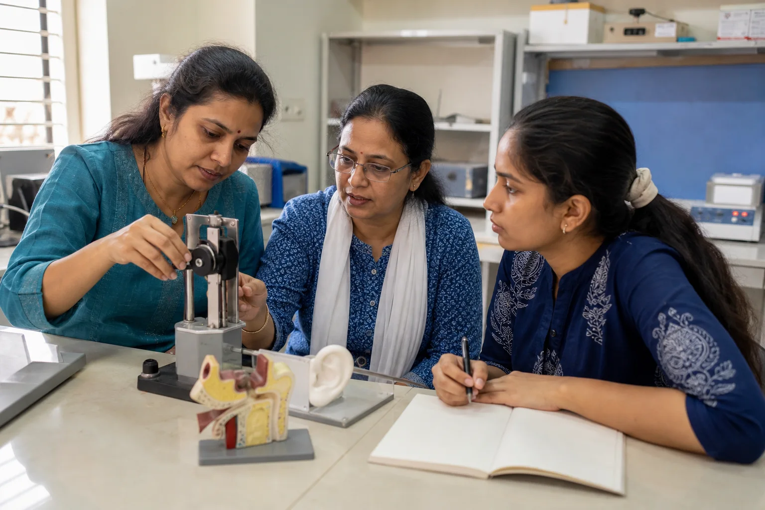 Three Indian researchers examining a hearing science apparatus beside anatomical ear models.