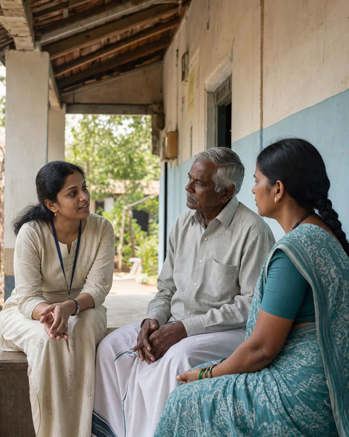 An Indian community health worker speaking with an older couple outside a rural clinic.