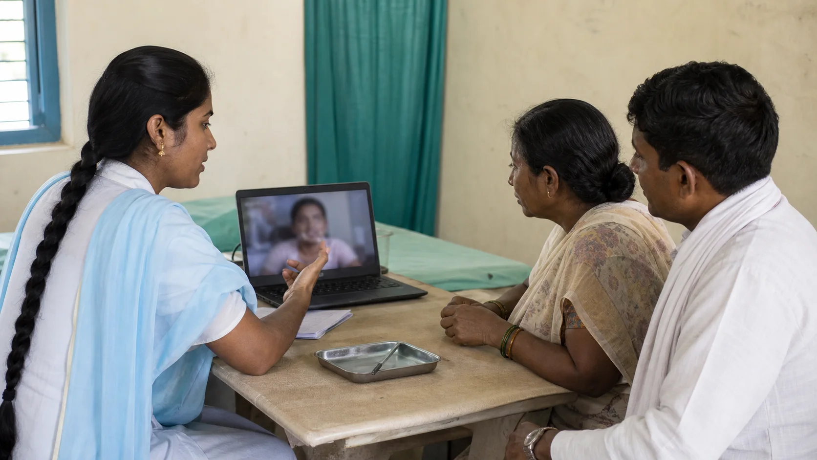 A community health worker helping an Indian family speak with a clinician by video from a rural clinic.